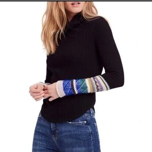 Free People Black Ribbed Top with Colorful Patterned Sleeves
